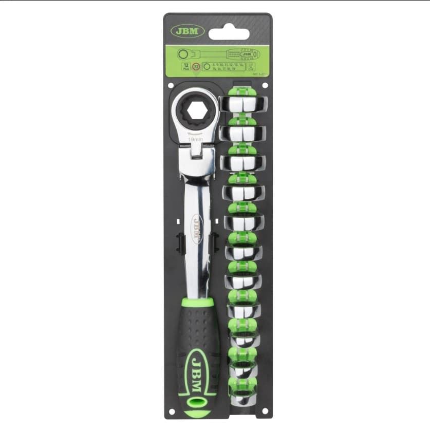 LLAVE DE TRINQUETE CON CABEZAL INTERCAMBIABLE 12 PCS- 54338 JBM - Imagen 1